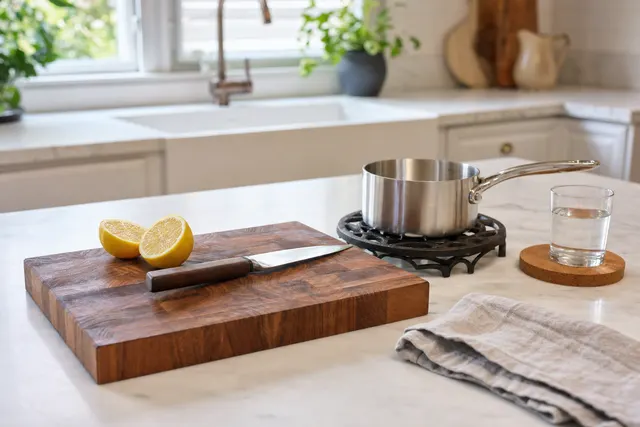 A chopping board with lemons, a saucepan on a cast-iron heat mat and a glass on a coaster on a marble benchtop
