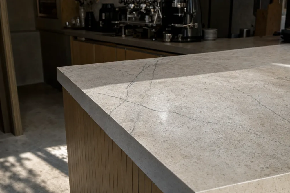 The pale stone service counter of a small cafe, clean and empty