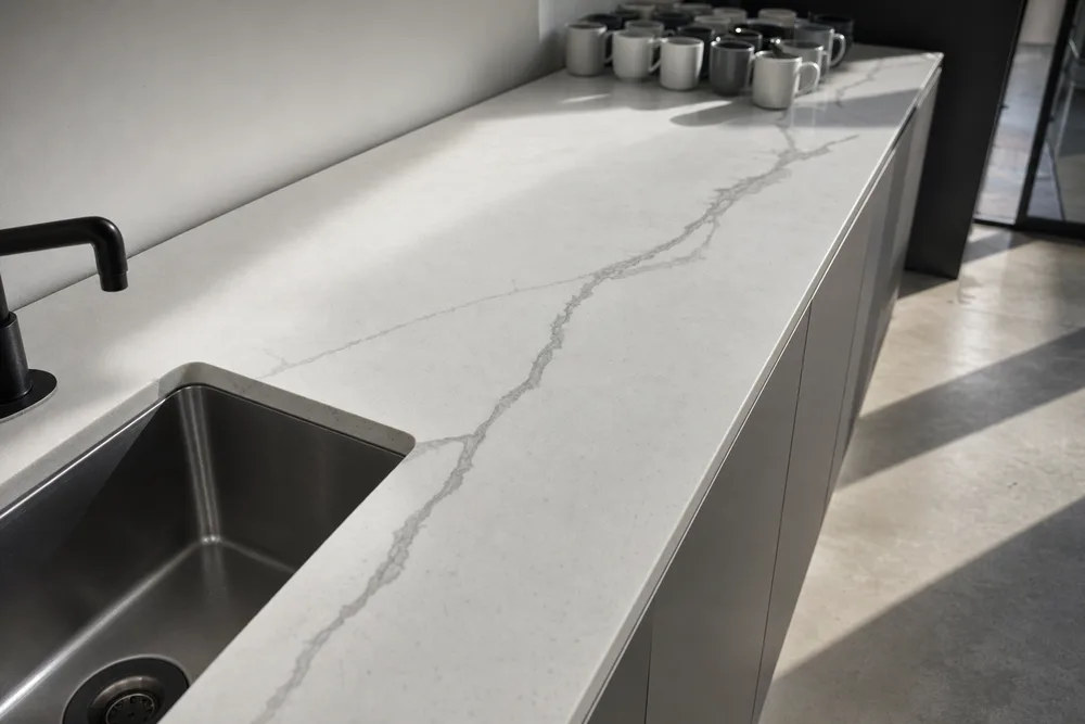 Pale stone benchtop in a shared office kitchen