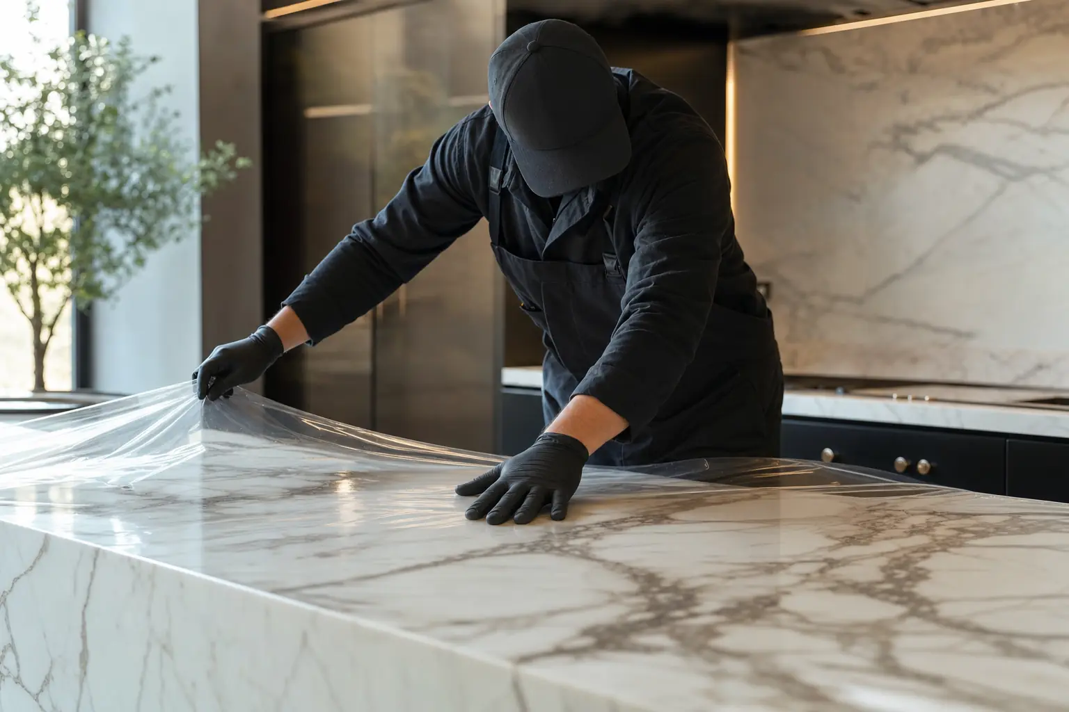 Installer laying optically clear protective film across a marble island