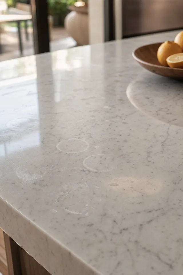 Close-up of dull etch marks and water rings on a white marble benchtop