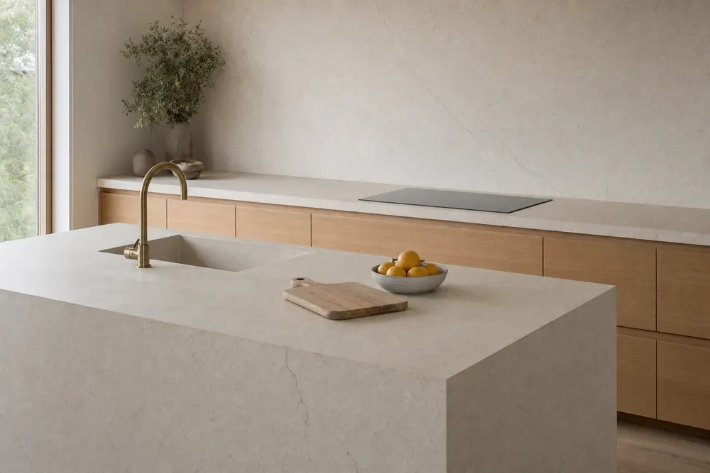 A full kitchen in honed cream limestone: matte waterfall island with brass tap, stone splashback and induction cooktop