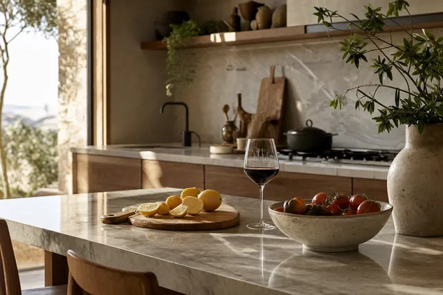 Bright kitchen with a stone island benchtop in soft natural light